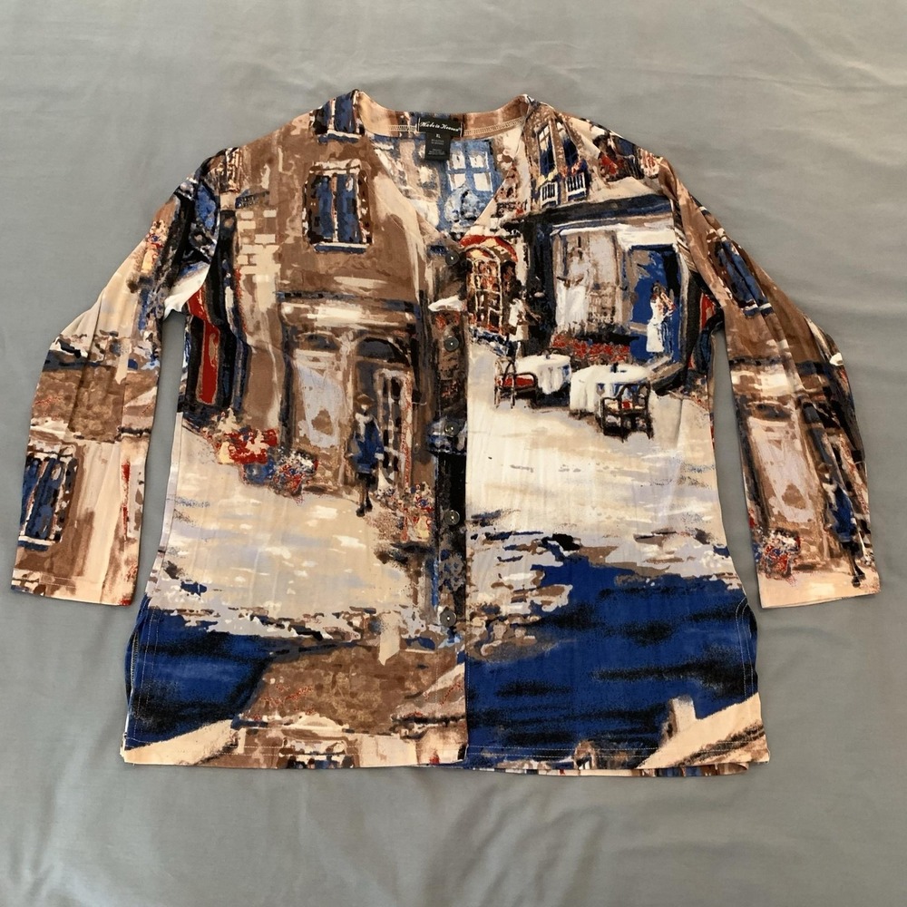 Made In Heaven Blouse Womens XL Multicolor Art Print 3/4 Sleeve Button Tunic Top